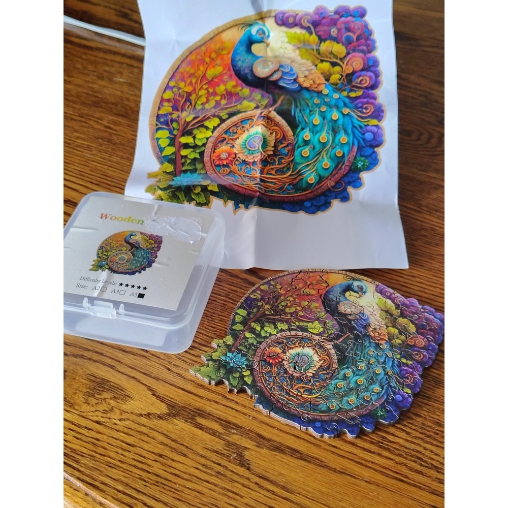 Peacock Wooden Puzzle Unique Interlocking Colorful Round Shape Small 4" X 5"